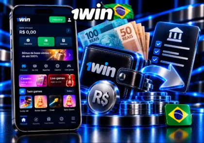 Conta da 1win no celular com carteira, reais e seta ilustrativa de saque.